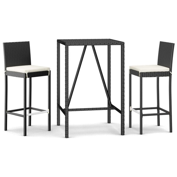vidaXL Ensemble de bar de jardin 3 Pièces avec coussins noir poly rotin