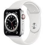 Apple Watch Series 6 GPS + Cellular, 44mm Boîtier en Acier Inoxidable Argent avec Bracelet Sport Blanc