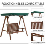 Balancelle de jardin 2 places dim. 1 6L x 1 2l x 1 65H m charge max. reco. 227 Kg toit pare-soleil intégré bois de sapin polyester vert