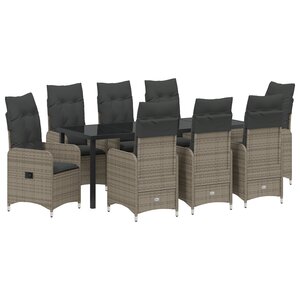 vidaXL Set de jardin 9 pièces avec coussins gris en rotin poly