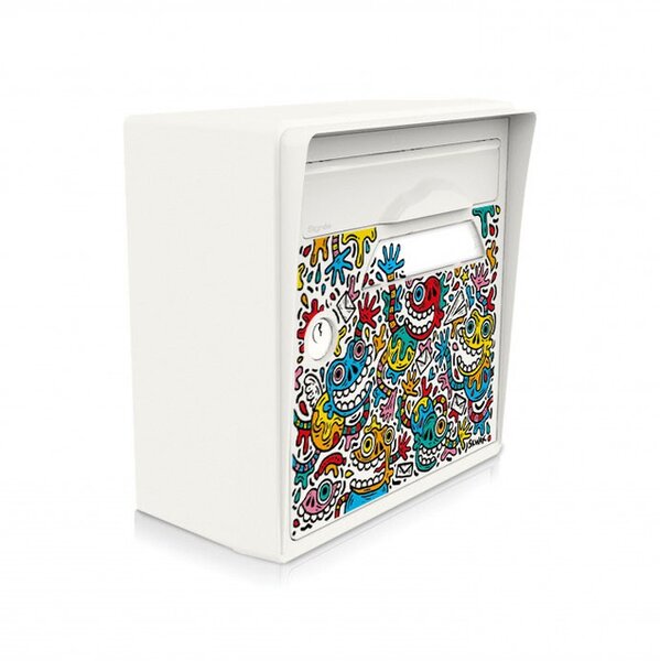 Boîte aux lettres compacte blanche-artiste [SKWAK] – "The Maniac World" – fabriquée en France – en résine – ne rouille pas – porte interchangeable