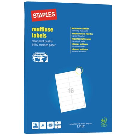 Étiquettes multi-usages, adhésion permanente, arrondies, 33,9 x 99,1 mm, blanc (paquet 1600 unités)