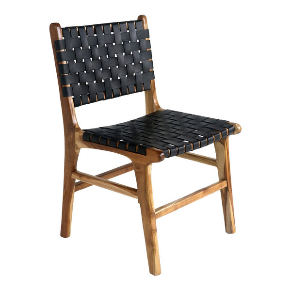 Chaise de salle à manger en cuir synthétique noir avec pieds en teck
