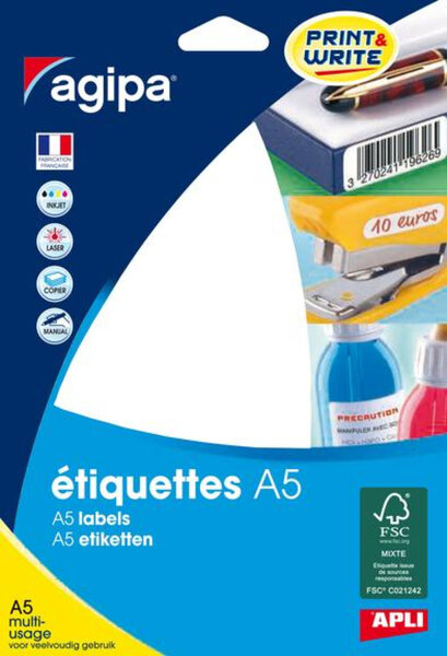 Etiquettes blanches 16 feuilles A5 97 5x68mm 64 pièces