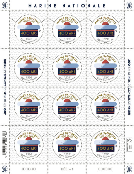 Feuille de 12 timbres - 400 ans de la Marine nationale (1626-2026) - Lettre Verte