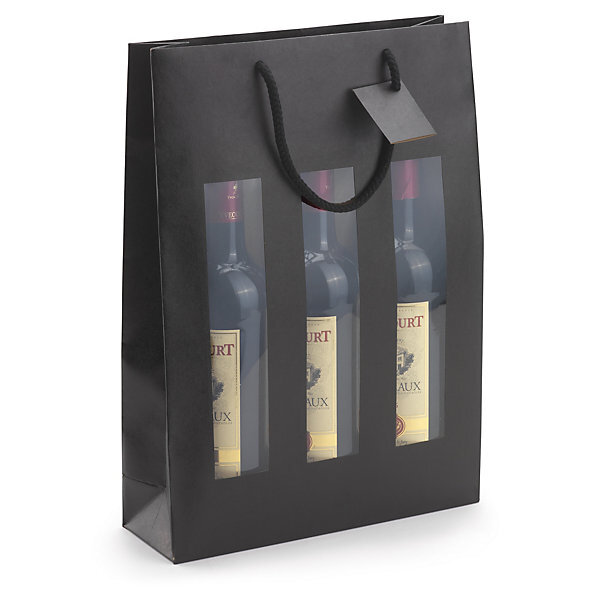 Sac kraft noir à fenêtre et poignées cordelières pour 3 bouteilles 27 x 38 x 9 cm (lot de 10)