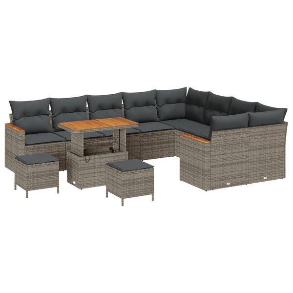 Ensemble de Canapés de Jardin 12 Pièces avec Coussins Gris Rattan Poly Acacia