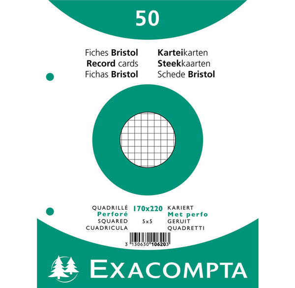 Paquet 50 fiches bristol blanc 17x22 cm 5X5 perforées x 24 EXACOMPTA
