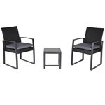Salon de jardin 2 places - 3 pièces 2 chaises avec coussins gris + table basse - plateau verre trempé - résine tressée 4 fils imitation rotin noir