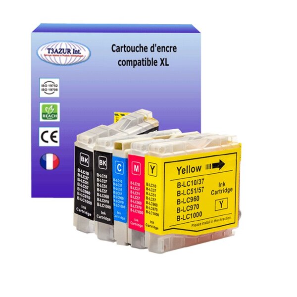 T3AZUR- Lot de 5 Cartouches compatibles avec Brother LC1000 XL pour Brother FAX 1860  FAX 1960  FAX 2480C  FAX 2580C
