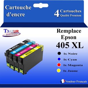 T3AZUR - 4 Cartouches compatibles avec Epson 405  405 XL pour Epson Workforce Pro WF-3820 WF-3825 WF-4820 WF-4825 WF-7310 WF-7830 WF-7835 WF-7840