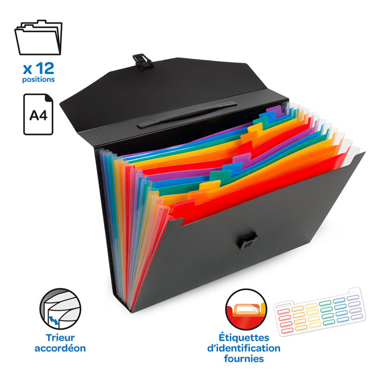 Classeur Extensible A4 25 Pochettes - Noir, Avec étiquettes, Couvercle Et élastiques