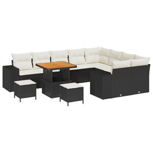 vidaXL Ensemble de canapé de jardin de 12 pièces avec des coussins en poly rotin noir et acacia.