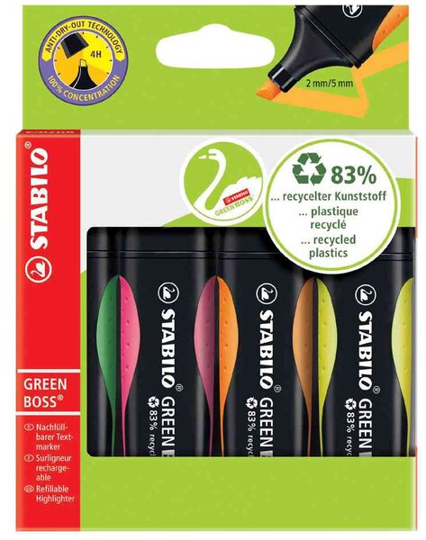 Étui carton de 4 Surligneurs GREEN BOSS Pte Biseautée 2-5 mm Couleurs assorties STABILO