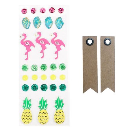 30 stickers 3D flamants rose et ananas + 20 étiquettes kraft Fanion