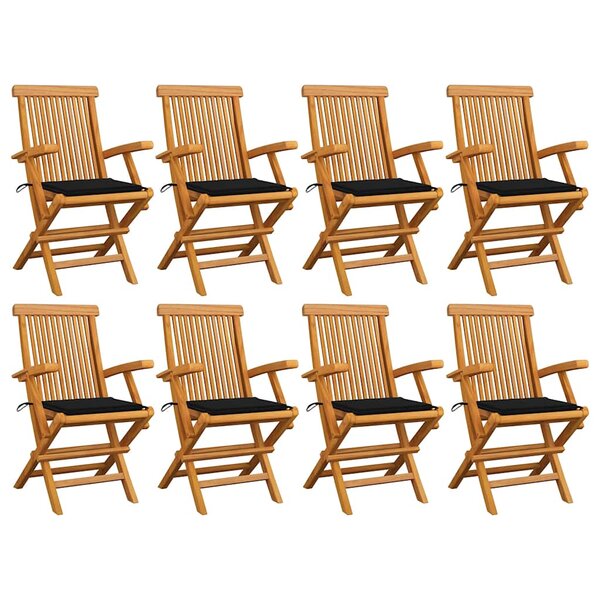 vidaXL Chaises de jardin avec coussins noir lot de 8 Bois teck massif