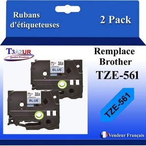 2x Rubans d'étiqueteuses compatibles avec Brother Tze561  Tze-561 pour étiqueteuses P-touch - Texte noir sur fond bleu