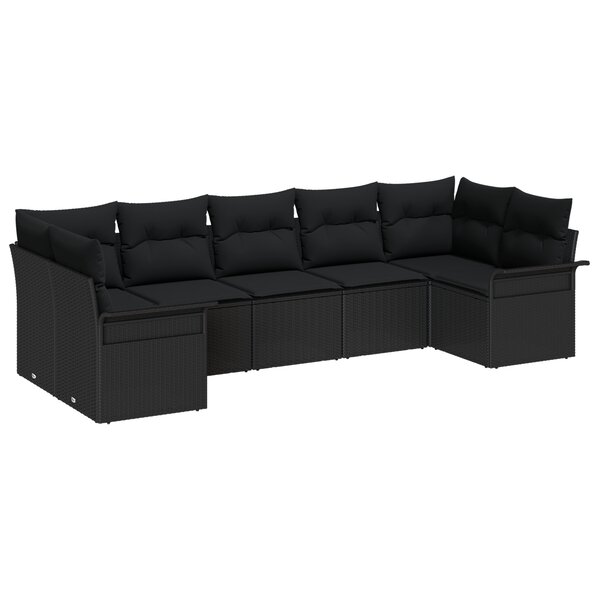 Ensemble de canapé de jardin 7 pièces avec coussins noir poly rotin