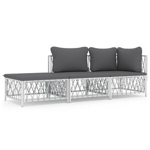 vidaXL Salon de jardin avec coussins 3 Pièces blanc acier