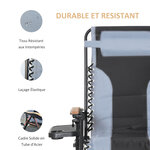Chaise longue pliable zéro gravité dossier réglable tablette tétière métal époxy polyester coton gris noir