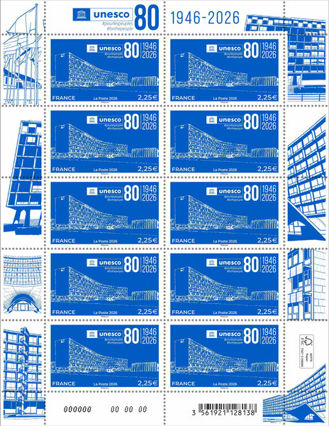 Feuille de 10 timbres - 80 ans de l'UNESCO - Lettre Internationale