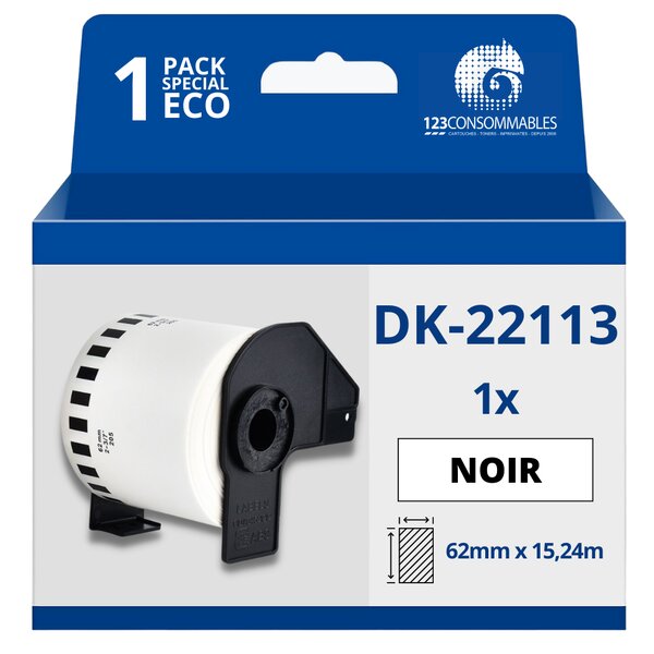 Étiquettes compatibles Brother DK22113 - Largeur 62 mm x 15 24 mètres - Texte noir sur fond transparent
