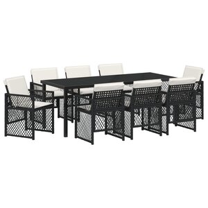 Ensemble de jardin 9 pièces avec coussins en poly rotin noir