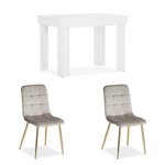 Table de salle à manger 90×60 cm blanche avec 2 chaises en velours crème