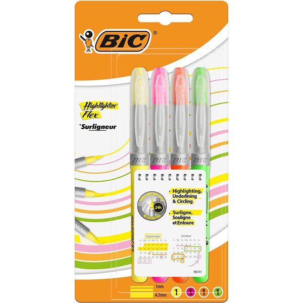 Pochette de 4 surligneur flex pointe pinceau. Trait 1 à 4 3mm. Jaune  orange  rose et vert. Bic