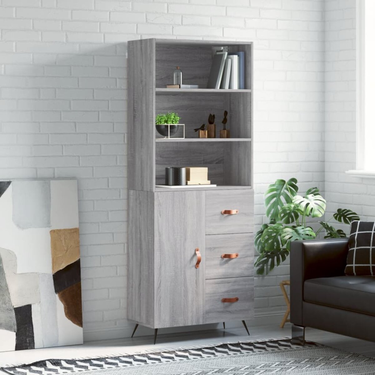 Buffet Haut Sonoma Gris 185 Cm - Bois D'Ingénierie - Armoire De Rangement Avec Portes Et Étages - Pour Salon, Couloir, Chambre - Assemblage Requis
