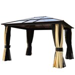 Pavillon de jardin tonnelle rigide dim. 3 6L x 3l x 2 65H m 4 parois latérales anti-UV beige 4 moustiquaires zippées éclairage LED solaire alu polycarbonate noir marron