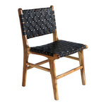 Chaise de salle à manger en cuir synthétique noir avec pieds en teck