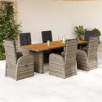 vidaXL Ensemble à manger de jardin et coussins 7 Pièces gris rotin