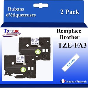 2x Rubans d'étiqueteuses compatibles avec Brother TzeFA3 Tze-FA3 pour étiqueteuses P-touch - Texte bleu sur fond blanc