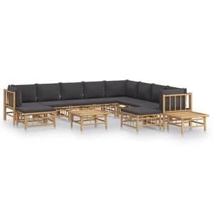 vidaXL Salon de jardin 12 Pièces avec coussins gris foncé bambou