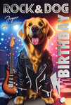 67-1268 Carte ANNIVERSAIRE Chien Rock&Roll Guitare électrique Texte Argenté Brillant et Enveloppe 12x17 5cm labrador golden retriever Animal de compagnie déguisé veste perfecto cuir noir éclair rock
