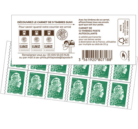 Carnet 12 timbres Marianne l'engagée - Lettre Verte - Couverture Carnet de timbres suivis