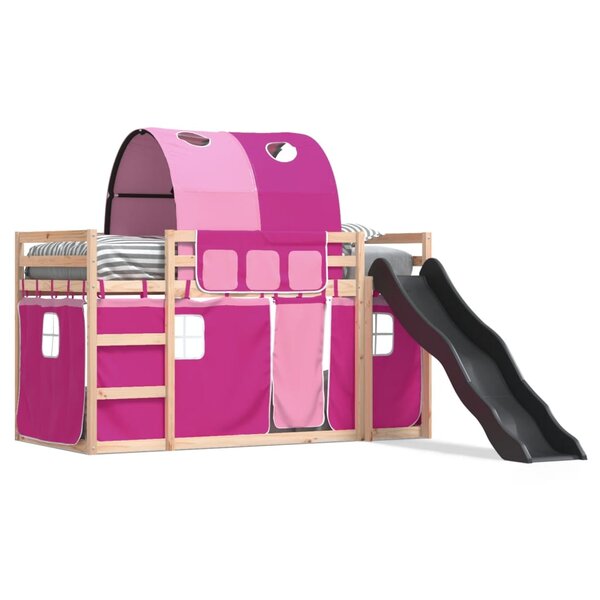 vidaXL Lit superposé avec toboggan et rideaux rose 90x190 cm