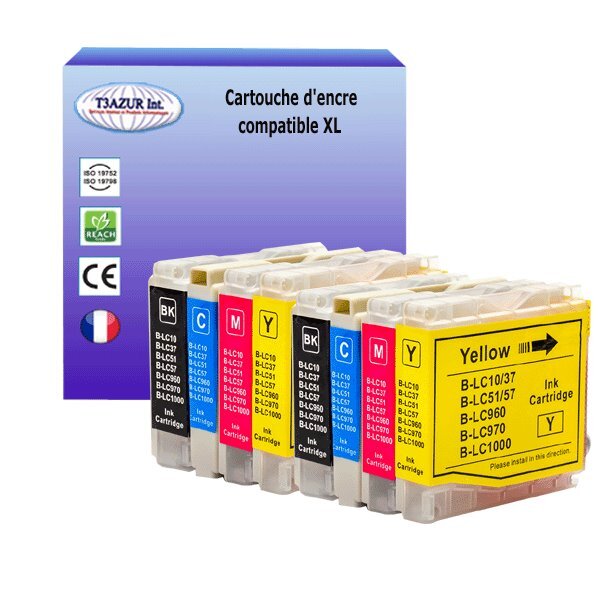 T3AZUR - 8x Cartouches compatibles avec Brother LC1000 XL pour Brother FAX 1355  1360  1460  1560  1860  1960  2480C  2580C