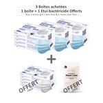 3 LOTS x 50 MASQUES FABRIQUÉ À TAÏWAN + 1 LOT x 50 MASQUES OFFERT + 1 ÉTUI BACTÉRICIDE ANTIBACTÉRIEN OFFERT