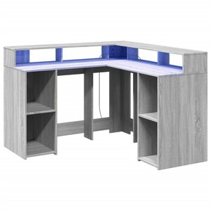 Bureau table poste de travail meuble d'ordinateur informatique étude et lumières LED sonoma 130 x 130 x 91cm bois ingénierie gris 02_0023806