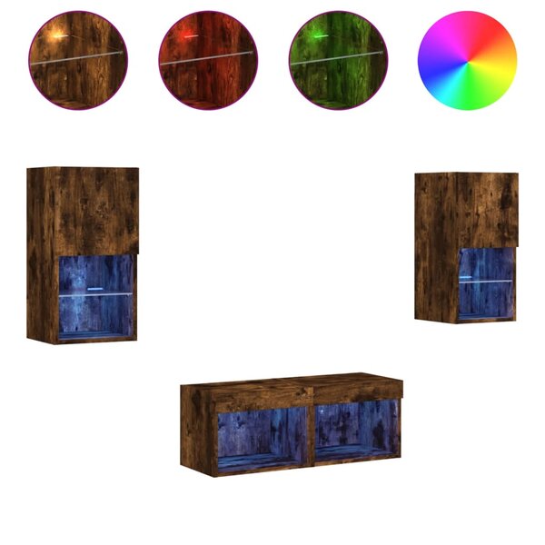 vidaXL Meuble TV muraux 4 Pièces avec lumières LED chêne fumé