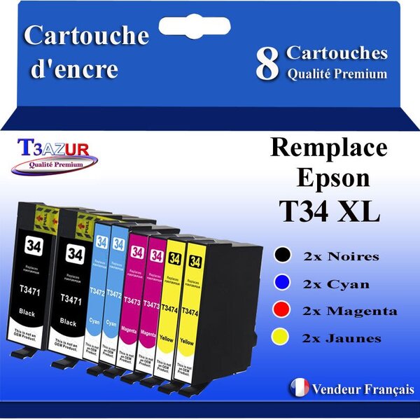 T3AZUR- 8x Cartouches Compatibles avec Epson 34XL 34 XL remplace Epson WorkForce Pro WF3725DWF WF3720DW WF3720DWF