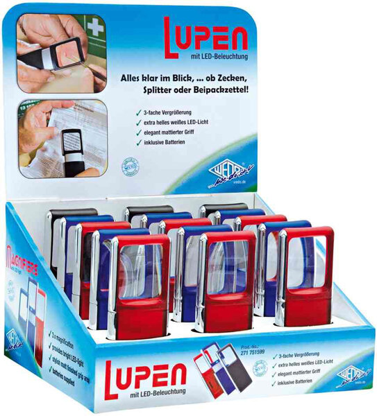 Loupe rectangulaire avec lampe DEL, présentoir de 15, couleurs assorties WEDO