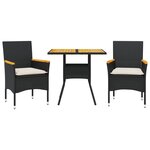 vidaXL Ensemble à manger de jardin et coussins 3 Pièces noir rotin acacia