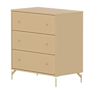 Flexa SAGA Commode 3 tiroirs a facades rainurees Beige sable Oat Pieds metalliques et boutons Oat