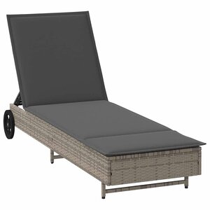 vidaXL Chaise longue avec roues et coussin gris résine tressée