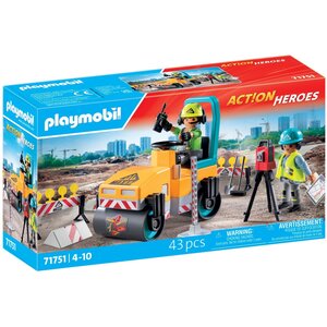 PLAYMOBIL 71751 - Action Heroes Ouvriers avec rouleau compresseur et signalisation