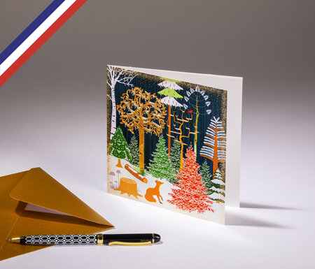 Carte double fin d'année - créée et imprimée en France- Sous-bois enneigé pour souhaiter un joyeux Noël ou les vœux de bonne année