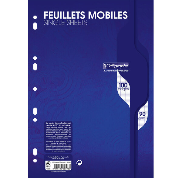 Pack 50 Feuillets mobiles (100 Pages) 21x29 7 100p séyès 90g blanc CALLIGRAPHE